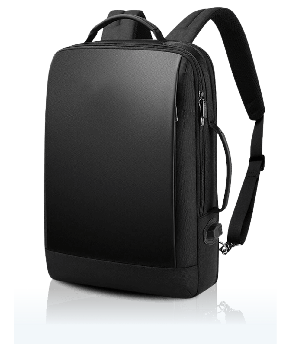 Front of Black Leather Backpack with Multiple Compartments