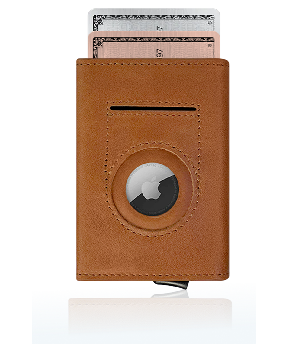 Front Face Brown Leather Wallet Tevel With Aluminum Casing