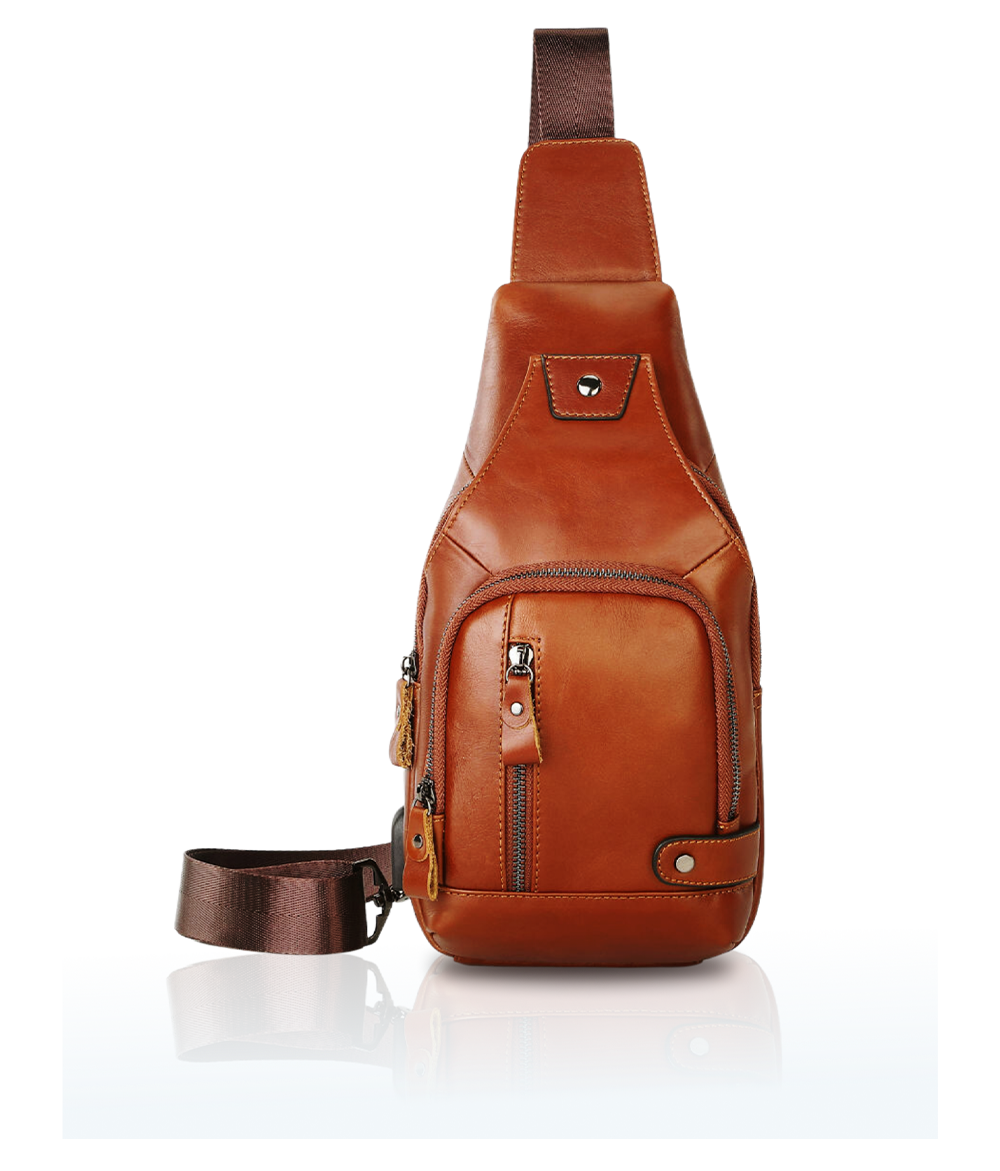 Brown Leather Crossbody Bag With Adjustable Straps and Pockets